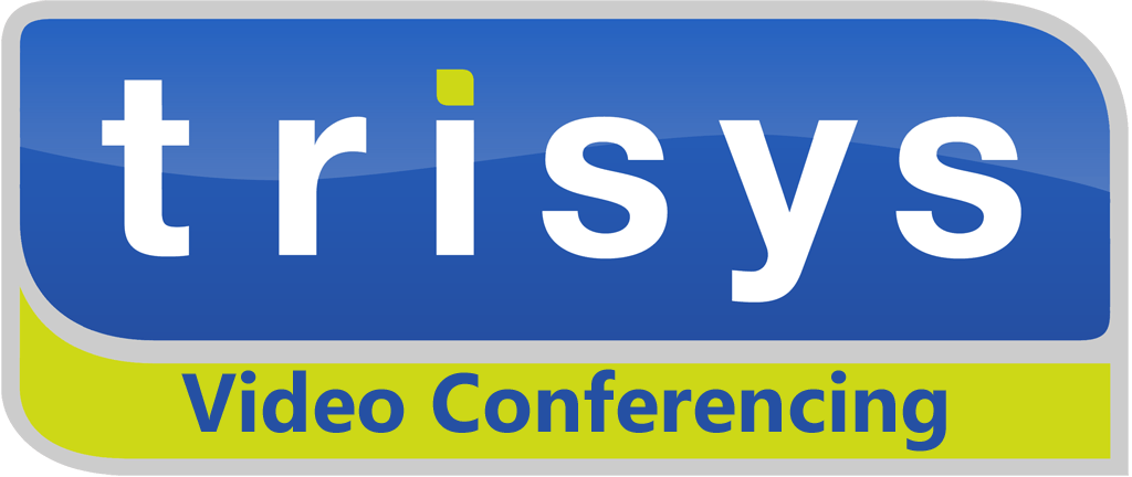 The logo for trisys video conferencing is blue and green.