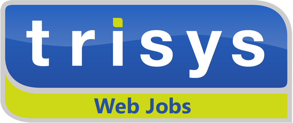A blue and green logo for trisys web jobs.