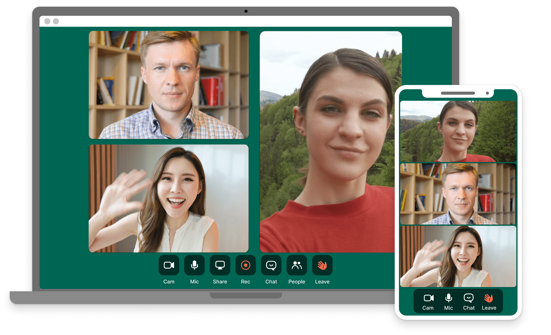 A group of people are having a video call on a laptop and a cell phone.