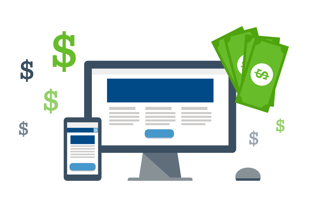 A computer monitor surrounded by money and a cell phone.