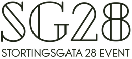 Stilisert «SG28»-logo med «Stortingsgata 28 Event» i svart på lys bakgrunn