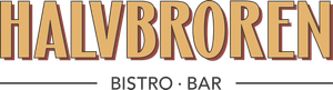 HALVBROREN BISTRO • BAR-logo i gull og svart tekst på hvit bakgrunn