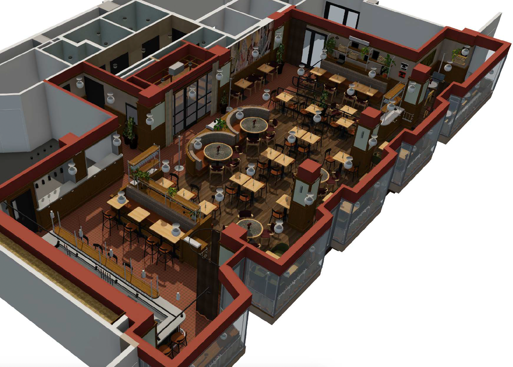 3D-planløsning av et restaurantinteriør med bord, båser og et barområde