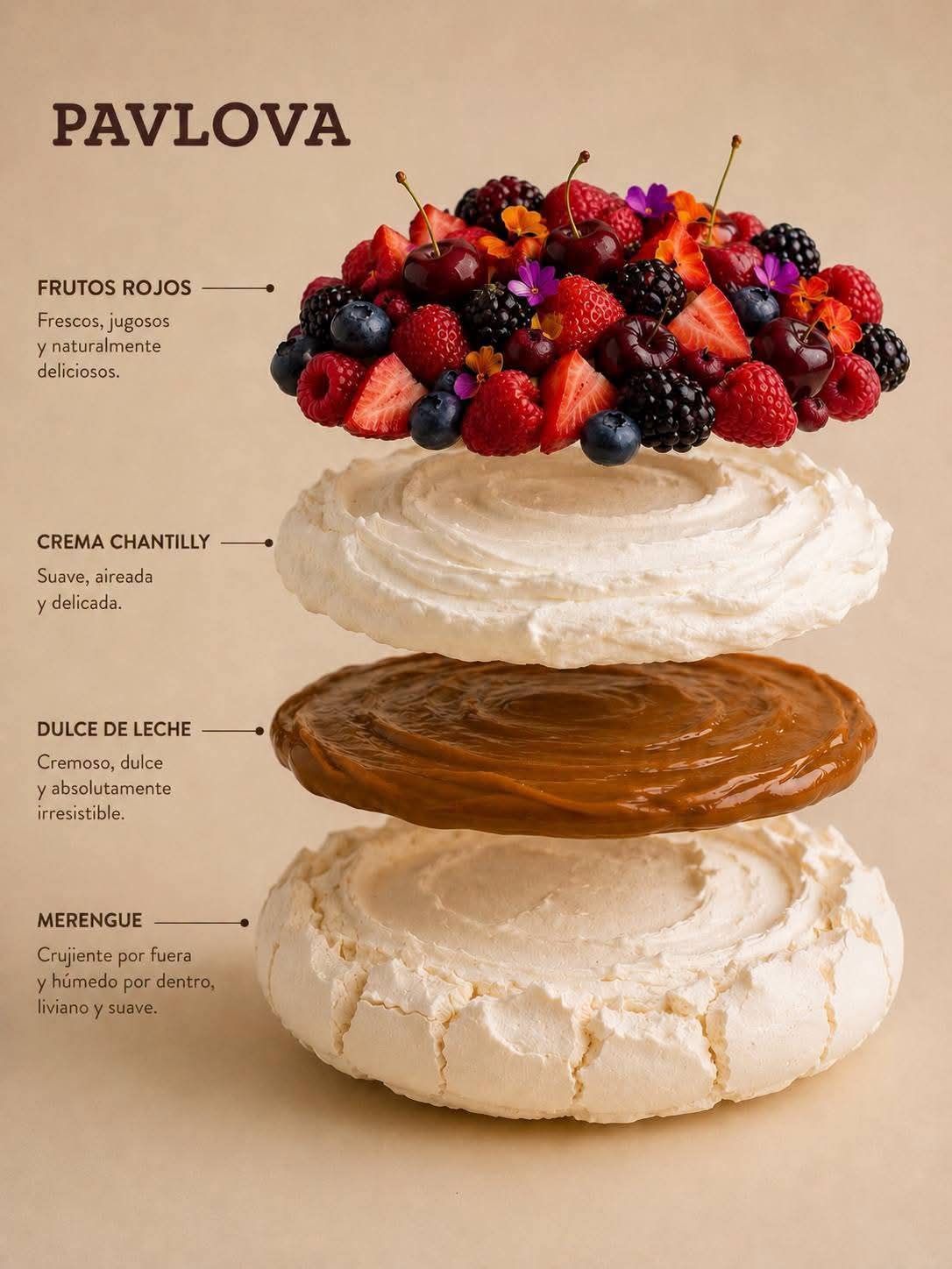 Pastel pavlova con cobertura de frutos rojos: fresas, frambuesas, moras y remolinos de crema.