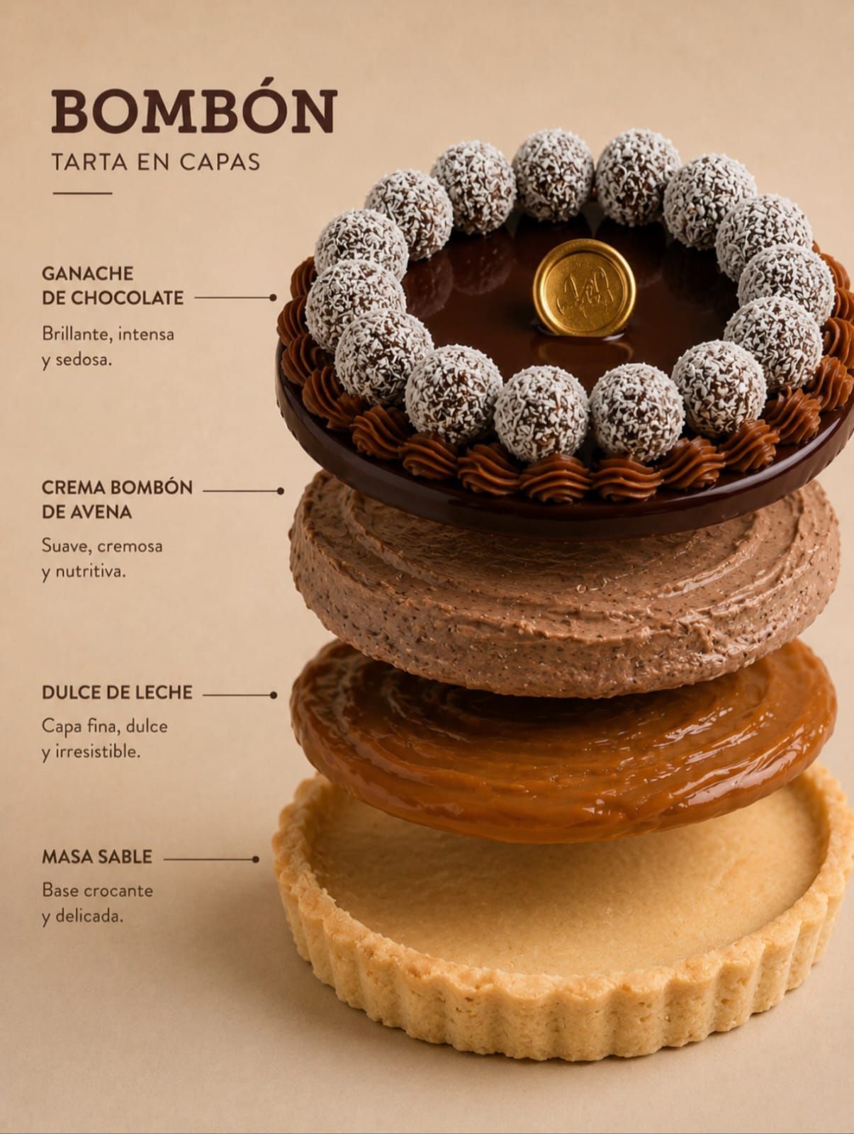 Pastel de chocolate cubierto con trufas de coco, decorado con una moneda de oro sobre un plato blanco.