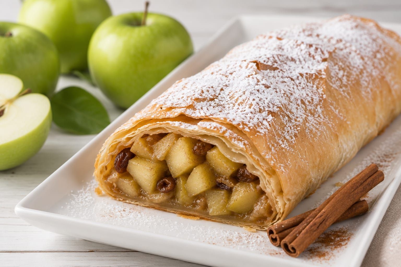 Strudel de manzana en un plato blanco con manzanas verdes y ramas de canela, espolvoreado con azúcar glas.