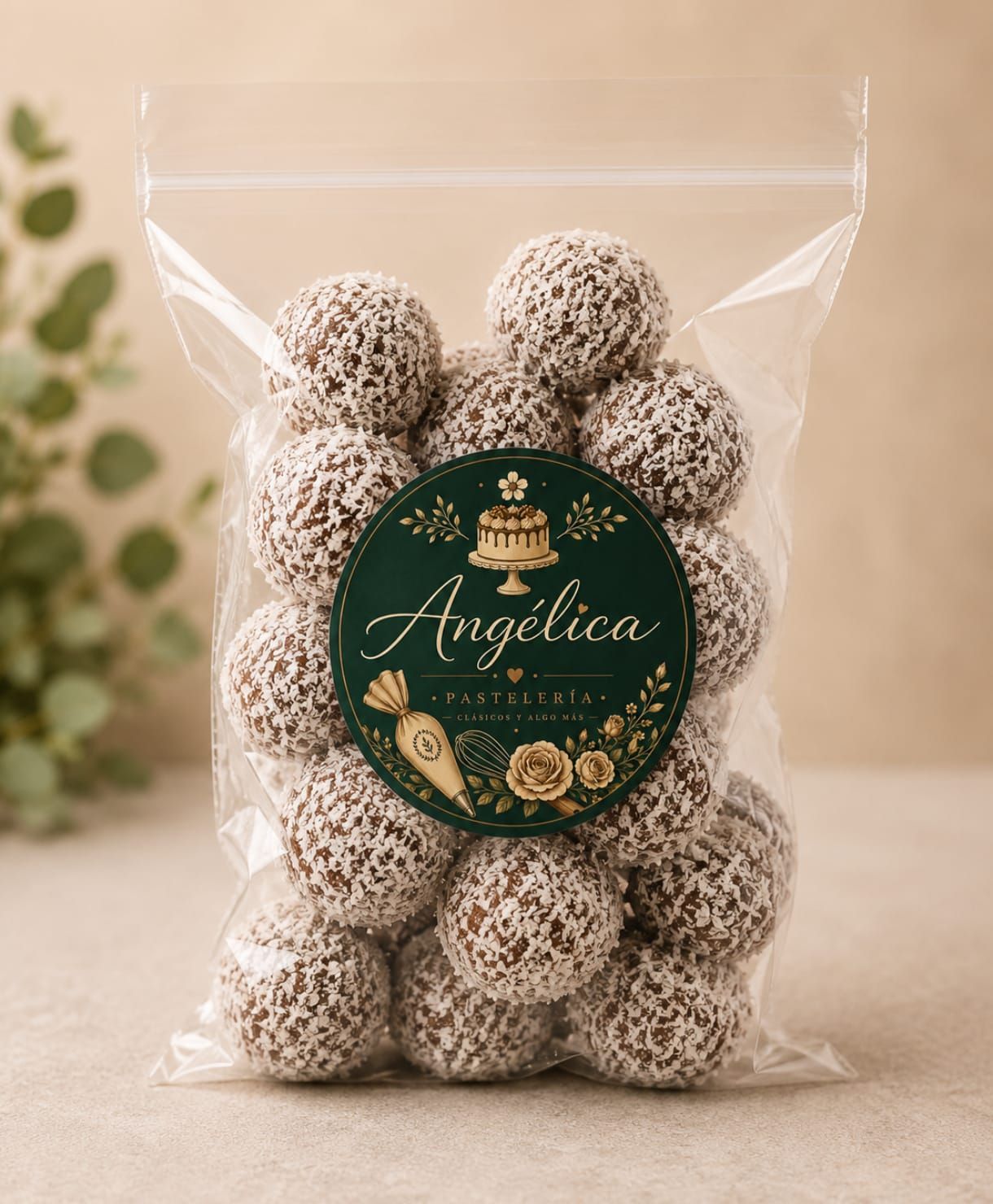 Bolsa transparente de trufas cubiertas de coco con una etiqueta verde 