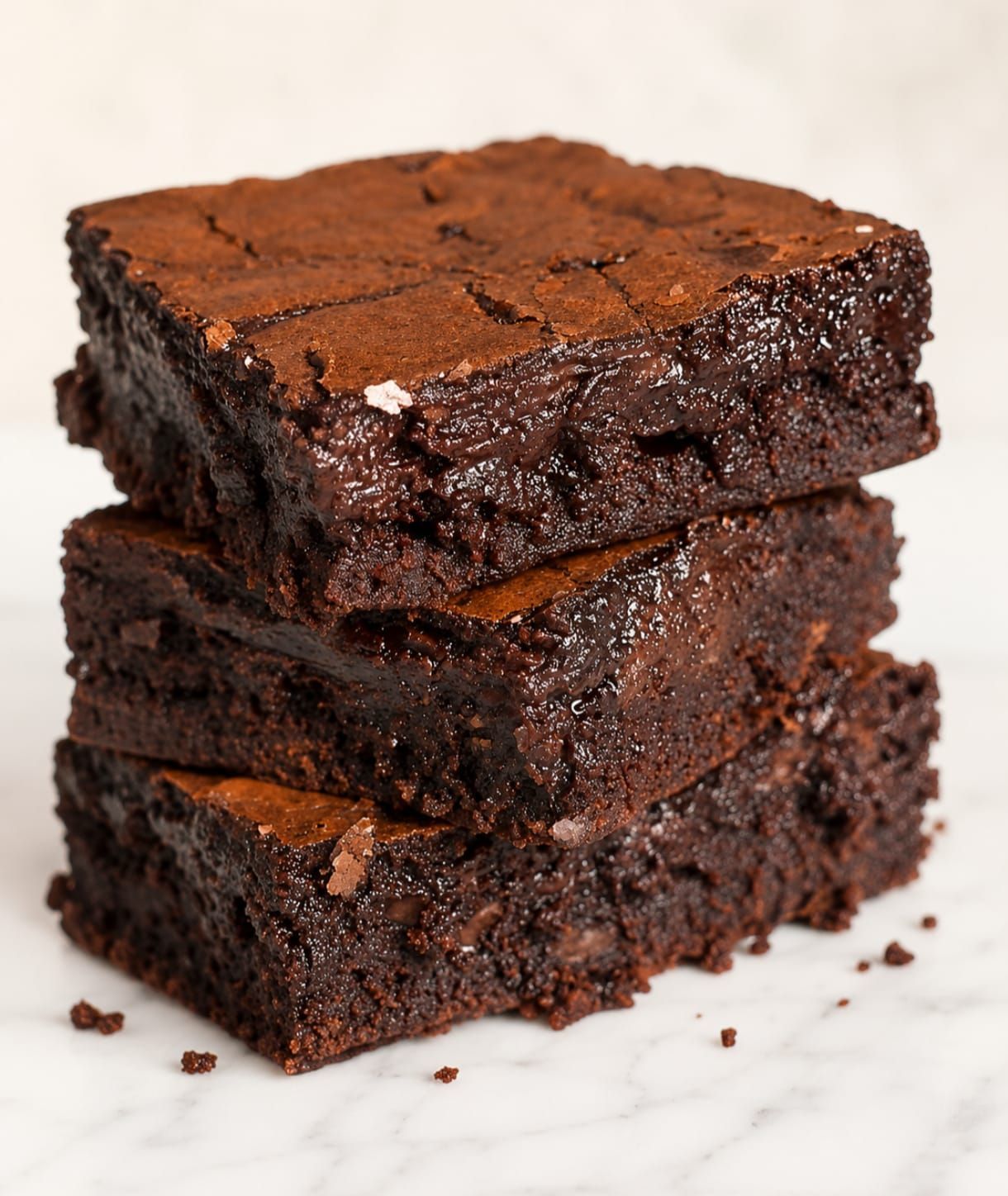 Brownies de chocolate apilados sobre una superficie blanca, con una textura rica y cremosa y una capa superior agrietada.