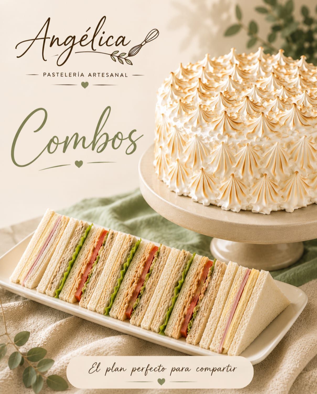 Anuncio de combo de postre con pastel de capas y rebanadas de pastel de colores pastel variados sobre un mantel verde suave.