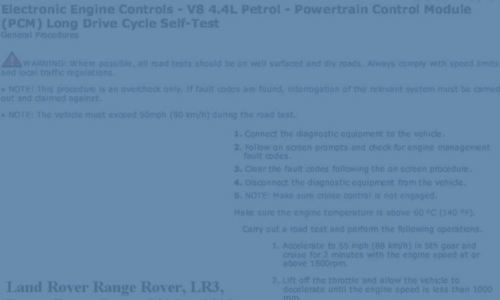 Blue document page with blurred text titled “Land Rover Range Rover,” showing numbered instructions.