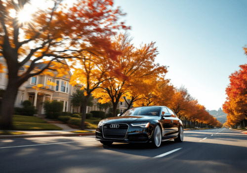 Black Audi driving down a tree-lined suburban street in autumn