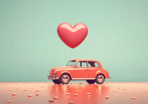 Orange toy car under a red heart balloon on a pastel pink surface