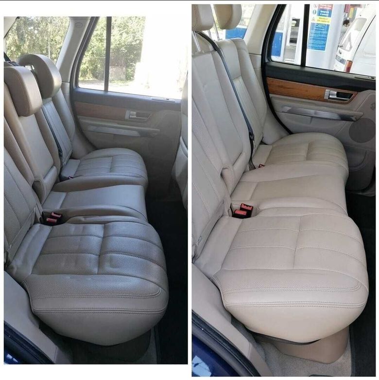 Confronto tra i sedili interni di un'auto: sedile posteriore grigio prima e dopo la pulizia del rivestimento.