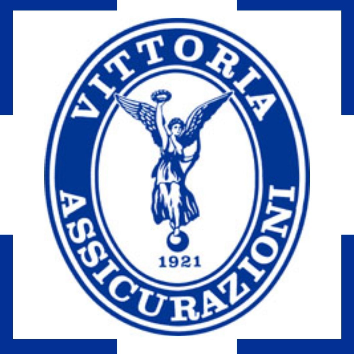 Logo circolare blu di Vittoria Assicurazioni con figura alata e “1921” al centro.