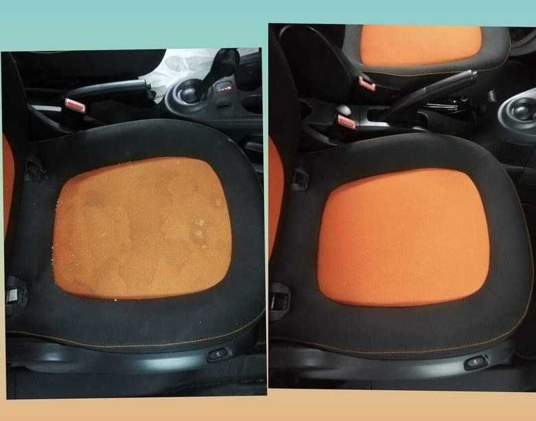 Due immagini affiancate del cuscino del sedile dell'auto prima e dopo la pulizia, che mostrano il rivestimento sporco marrone e quello pulito arancione.
