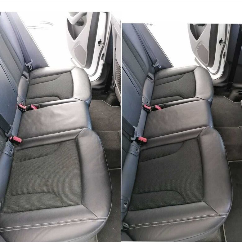 Sedile posteriore di un'auto con rivestimento nero e grigio, mostrato in una vista divisa da due angolazioni simili.