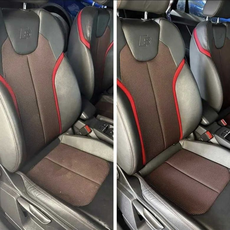 Confronto tra un seggiolino auto prima e dopo la pulizia, che mostra un seggiolino marrone e nero con finiture rosse e inserto centrale.