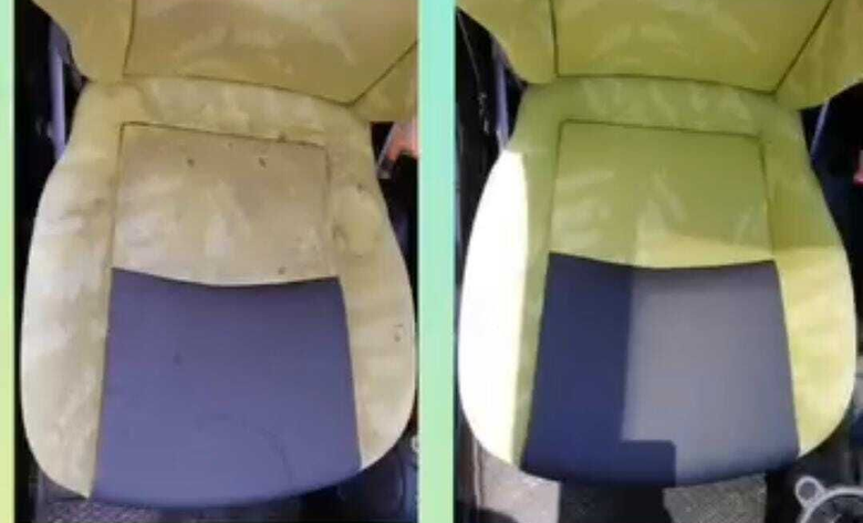 Foto affiancate di un cuscino per sedile auto viola usurato prima e dopo la pulizia, con le macchie visibili rimosse.