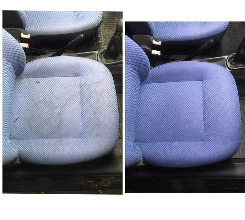 Primo piano affiancato della seduta di una sedia blu, con l'immagine a sinistra più chiara e quella a destra più scura.