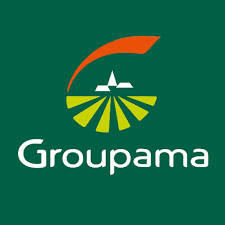 Logo di Groupama su sfondo verde con emblema arancione, bianco e giallo.