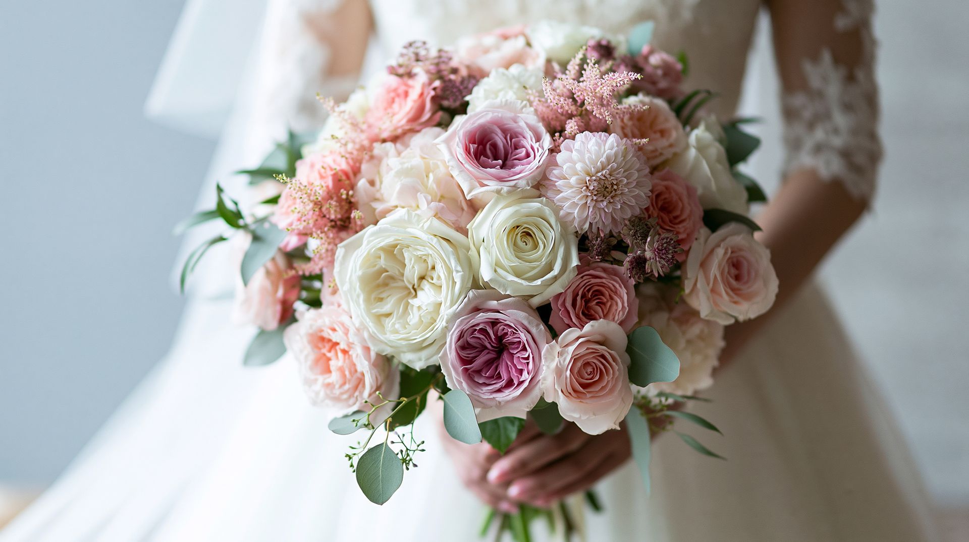Bride holding a pink and white wedding florist bouquet