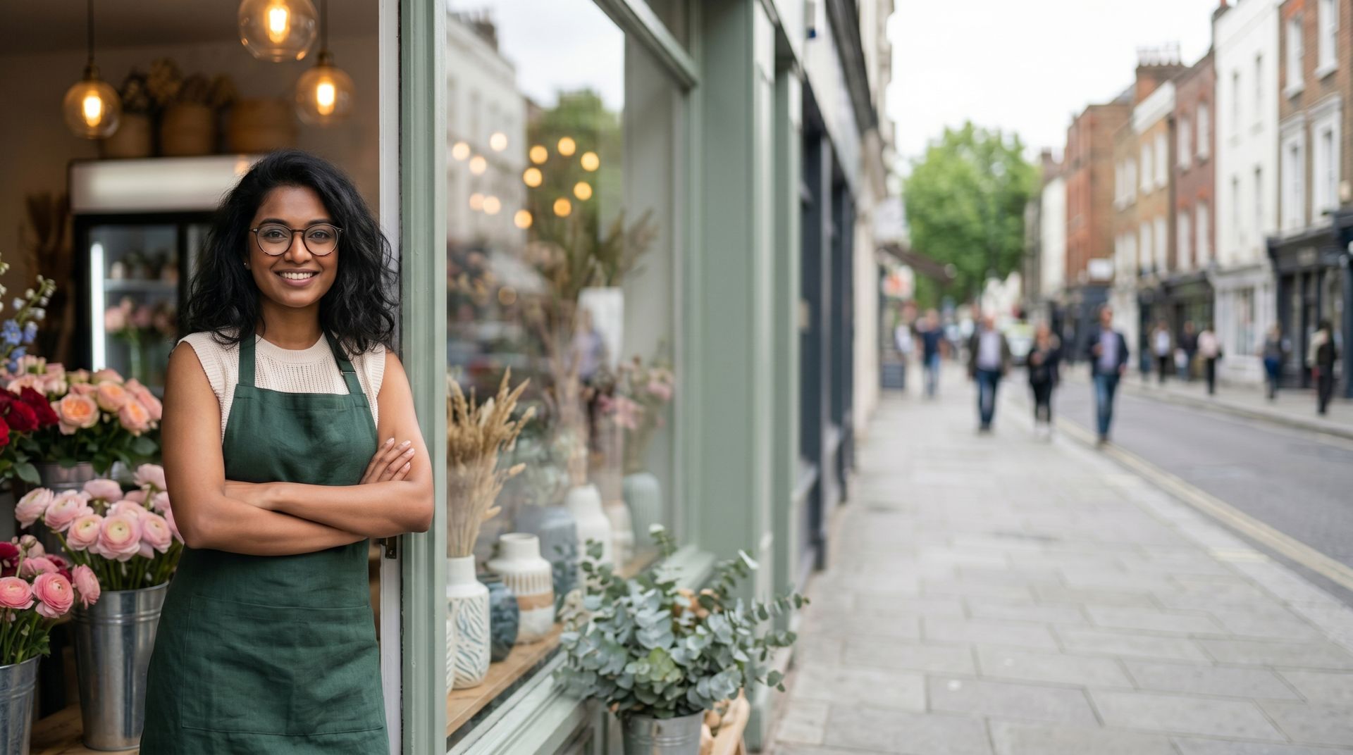 Photograph of a florist standing confidently with arms crossed outside a flower shop. Photograph of a florist standing confidently with arms crossed outside a flower shop.