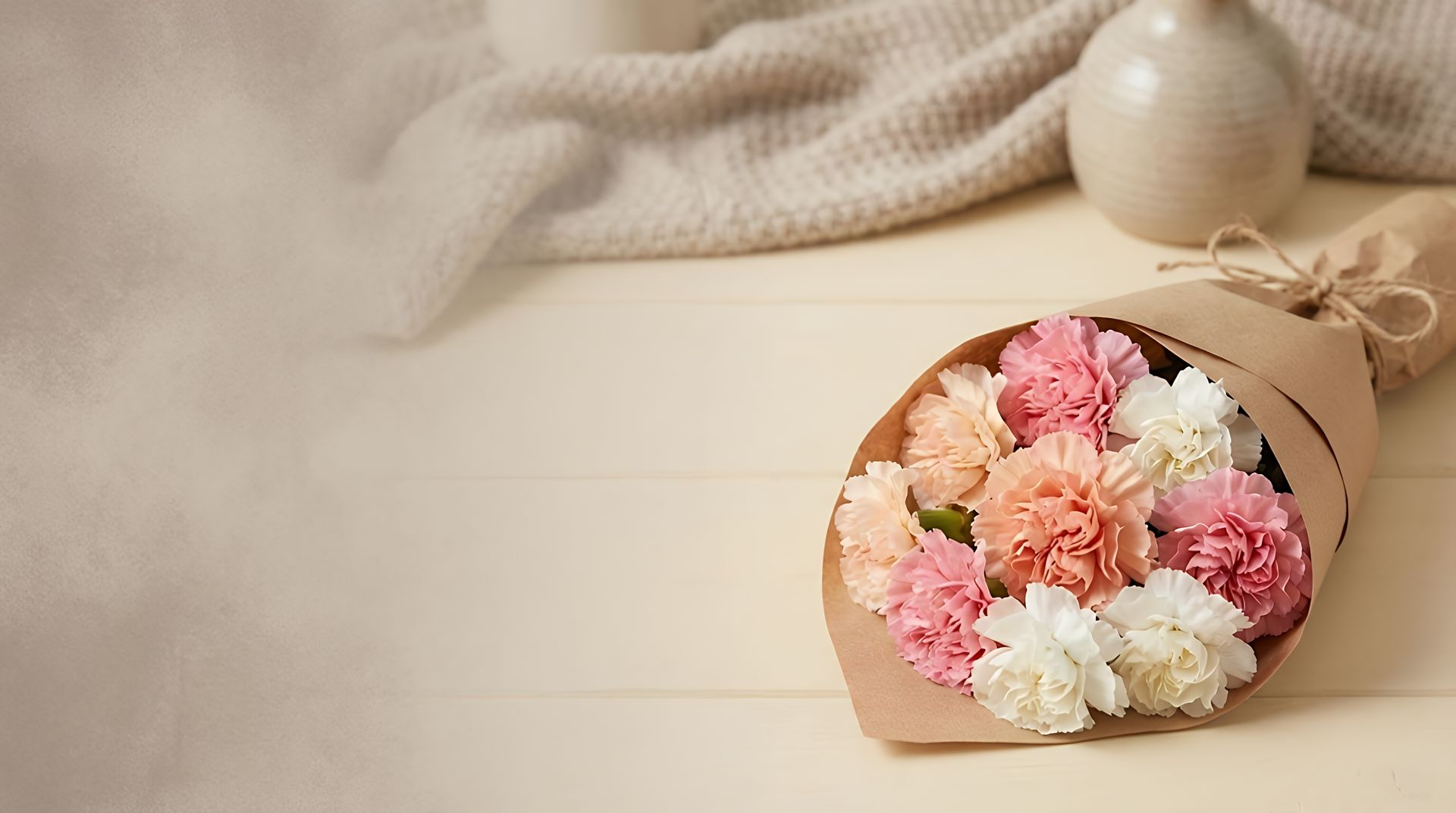 Sympathy florist craft paper wrapped pink and white carnations bouquet for condolence gift.