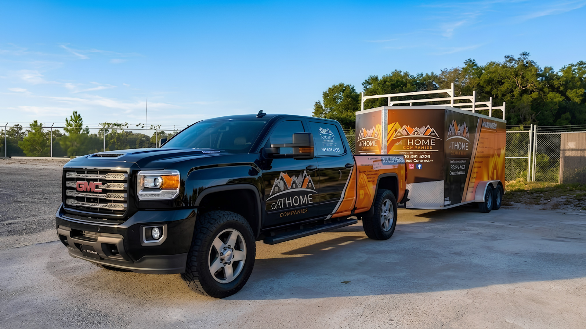 Black GMC pickup truck towing a brown utility trailer on a gravel lot under a blue sky
