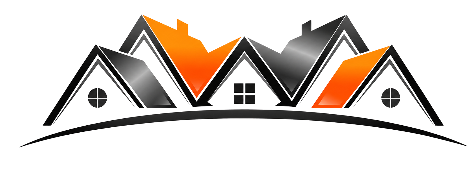 Stylized row of house roofs in black, white, and orange on a curved line