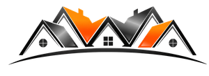 Stylized row of house roofs in black, white, and orange on a curved line