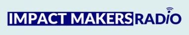 A blue and white logo for impact makers radio.