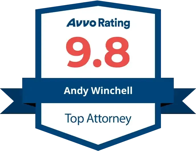 A badge that says avvo rating 9.8 andy winchell top attorney.