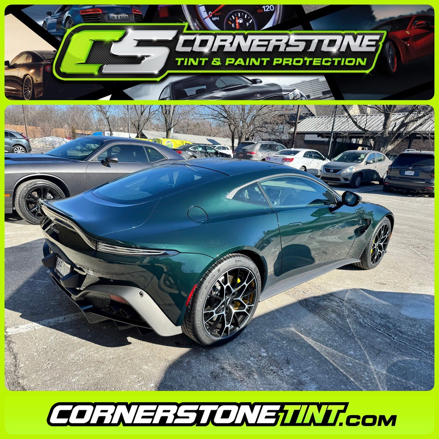 A green sports car is parked in a parking lot.