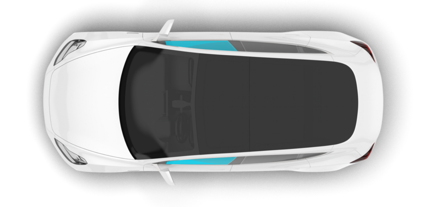 A white tesla model s with a red window