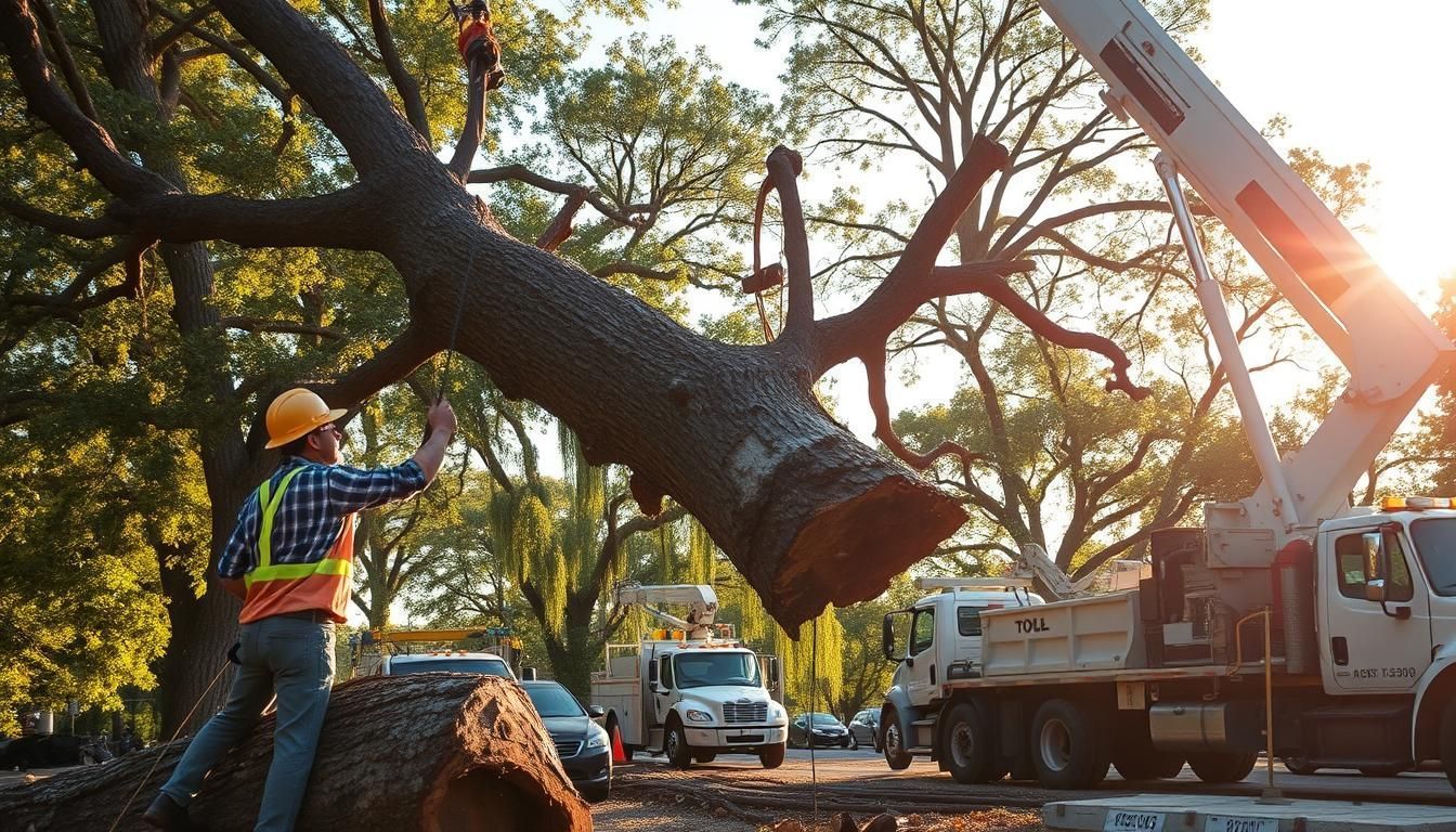 Tree removal crew using a crane to lift a large cut tree trunk during a professional tree removal operation.