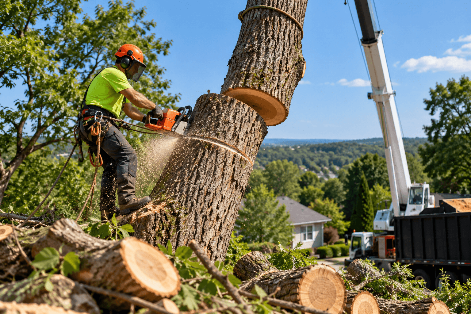 Professional tree removal worker cutting a large tree with a chainsaw and crane equipment near a residential property in Leominster, MA.