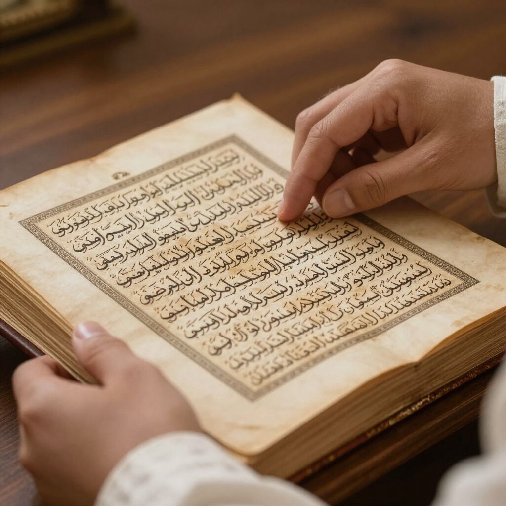 Des mains tiennent un livre en écriture arabe ouvert sur une table en bois, tandis qu’une main pointe le texte.