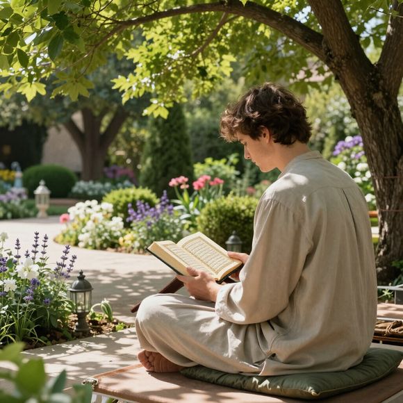 Personne lisant un livre, assise sur un coussin dans un jardin ensoleillé, sous un arbre et entourée de fleurs