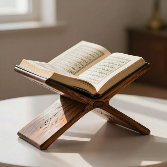 Livre ouvert sur un support en bois posé sur une table, avec du texte manuscrit visible.