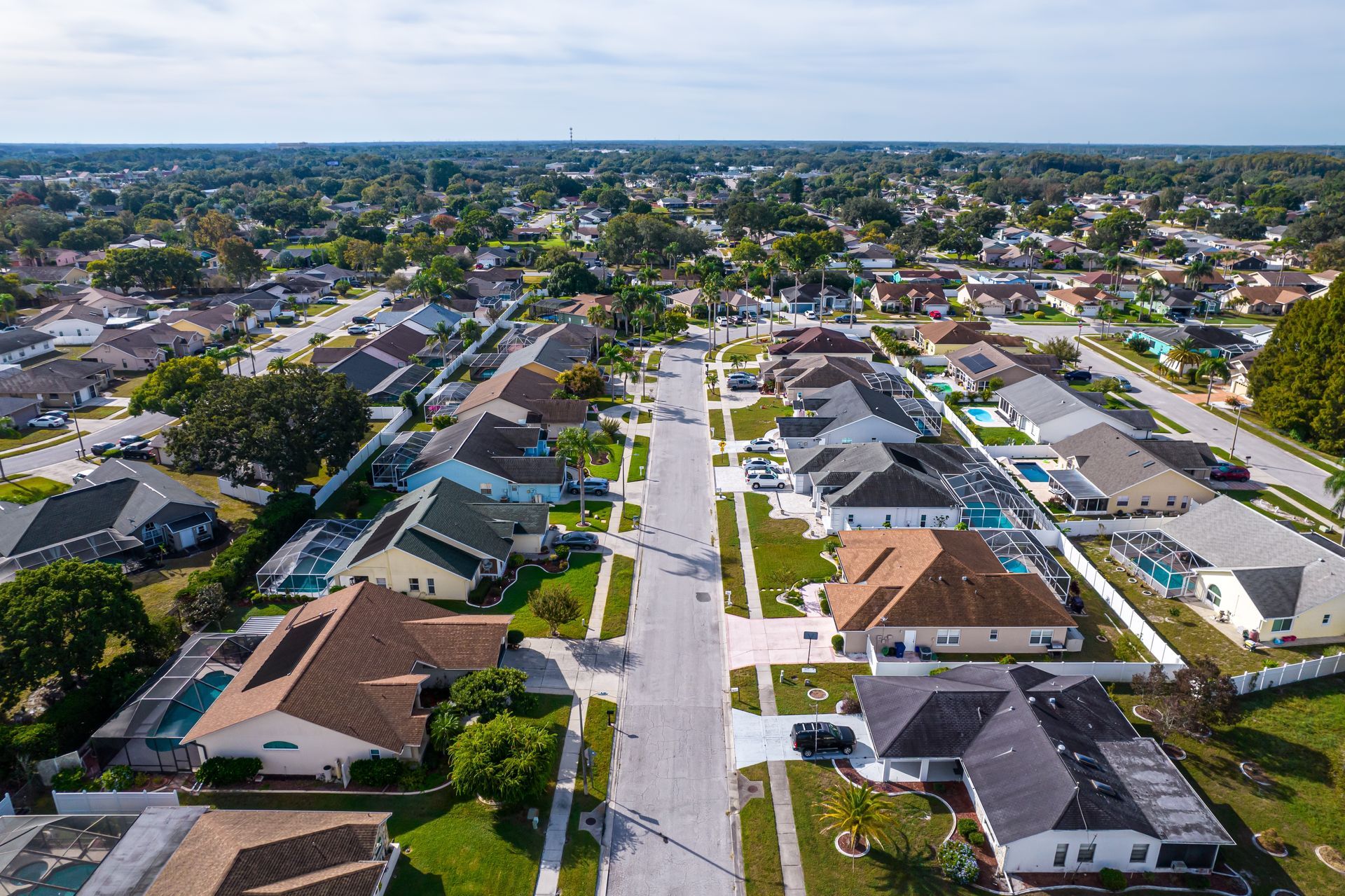 Aerial view of a suburban neighborhood with rows of houses, tree-lined streets, and a distant city skyline.