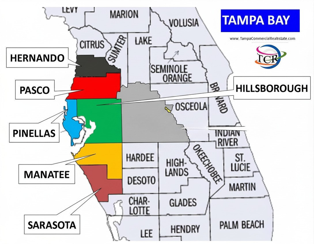 Map of Tampa Bay area counties with highlighted colored regions and labeled Florida county names.