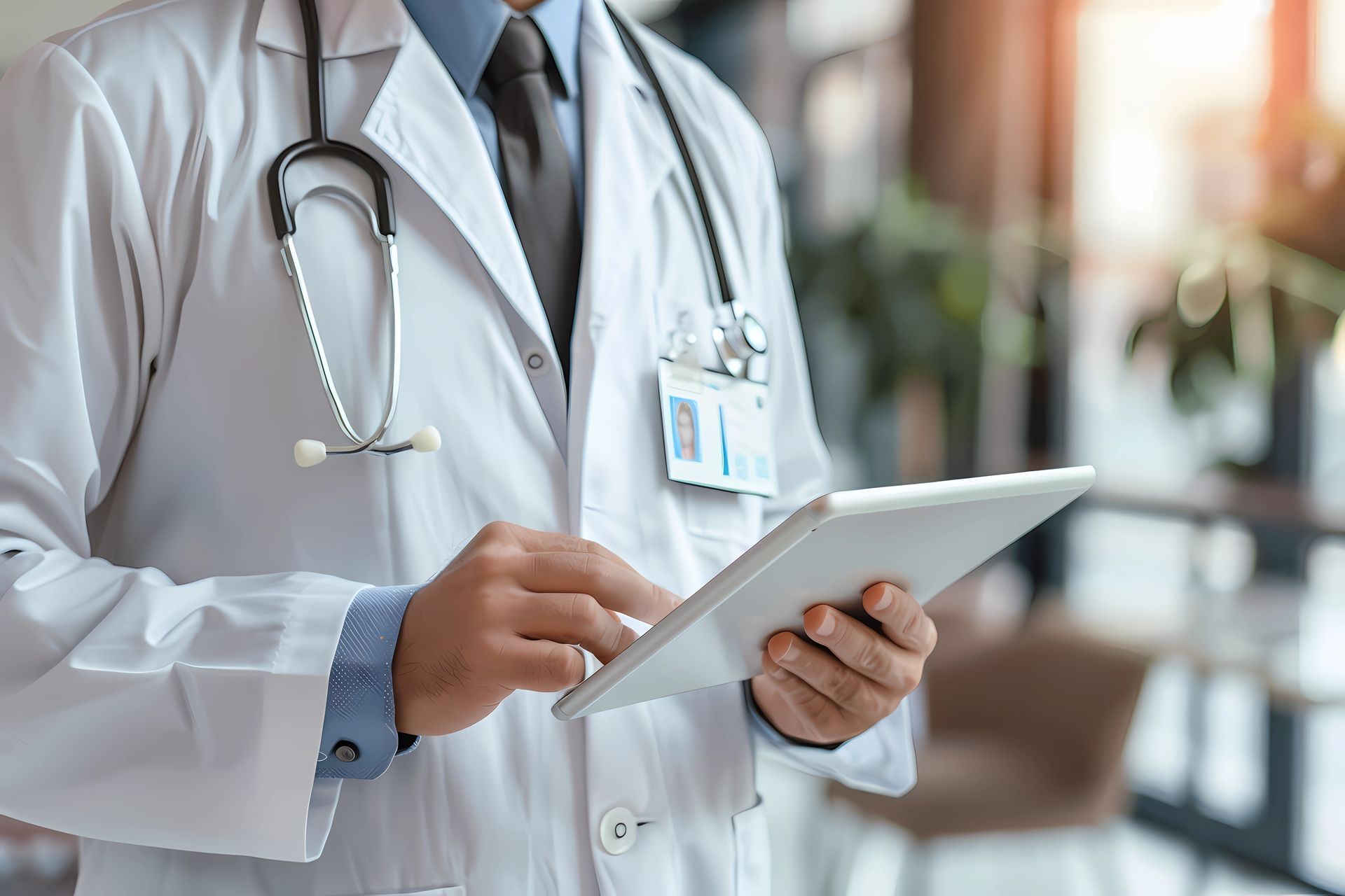 Close-up of a doctor using a tablet, standing up and inside a room. Close-up of a doctor using a tablet, standing up and inside a room.
