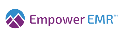 The empower emr logo is purple and blue with a mountain in the middle.