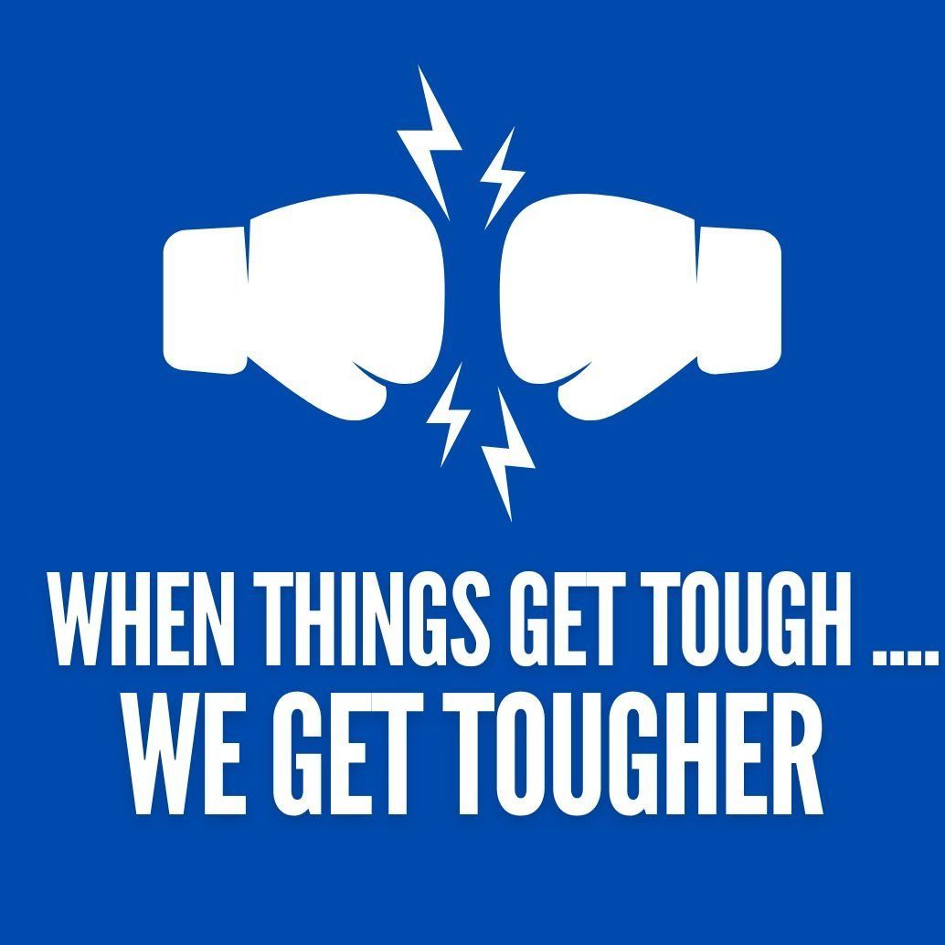 A blue background with two boxing gloves and the words