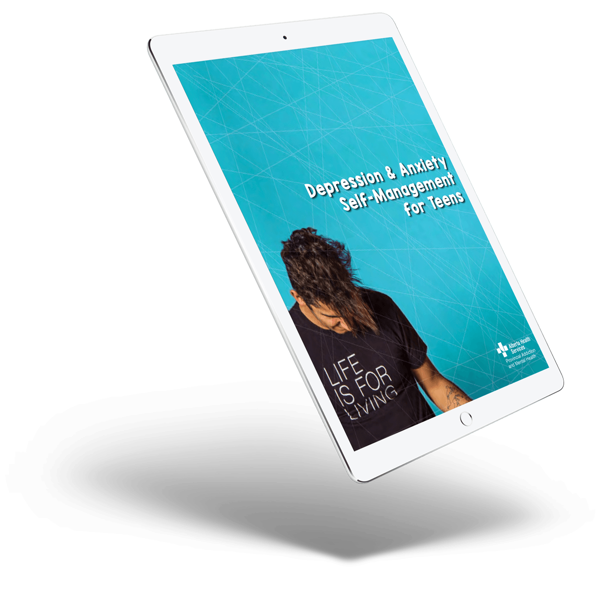 A tablet with a picture of a person on it is floating in the air.