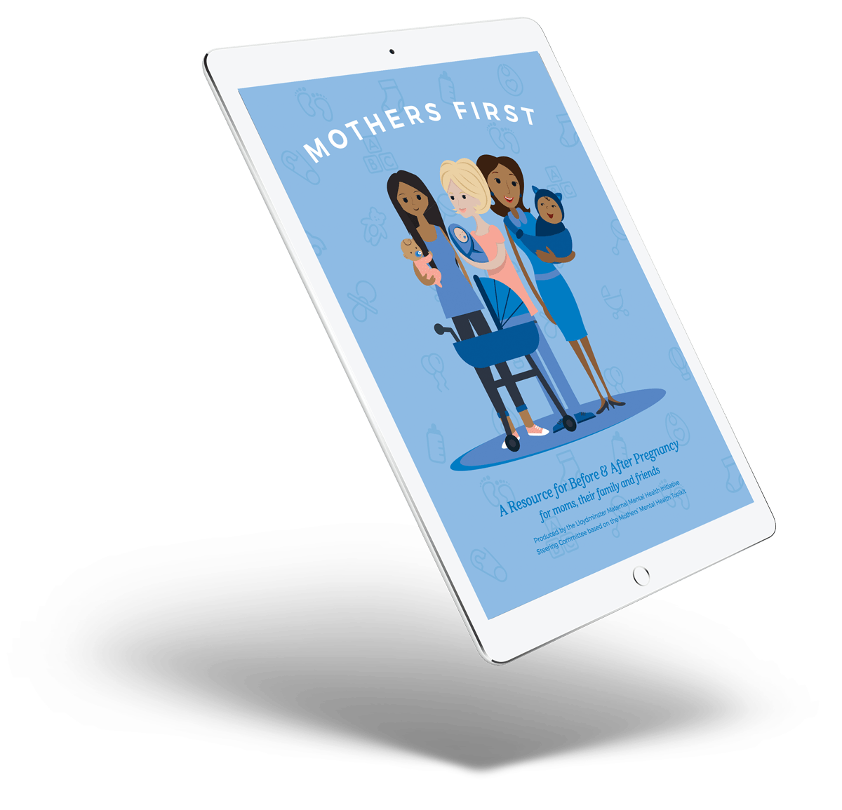 A tablet is displaying a book called mothers first