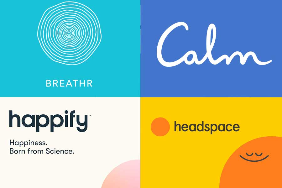A collage of four logos for happify , calm , breathr , and headspace.