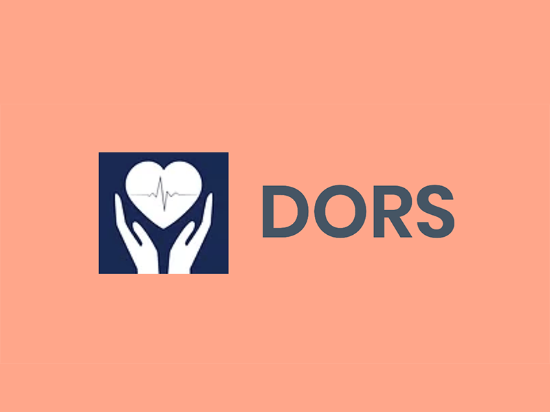 A logo for dors with two hands holding a heart on a pink background.