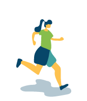 A woman in a green shirt and blue shorts is running.
