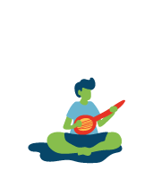 A man is sitting in a lotus position playing a guitar.